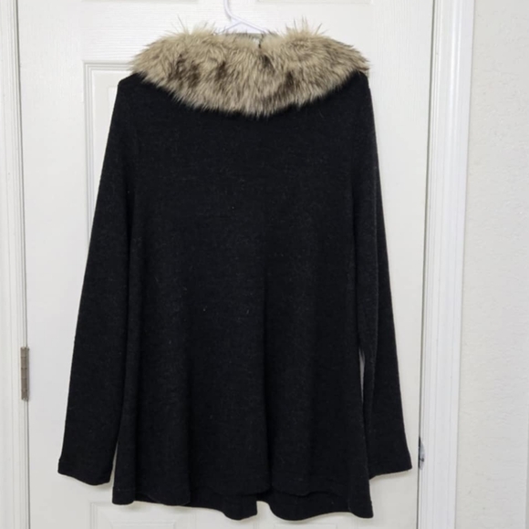 MOTH for Anthropologie heathered slate Wool sweater jacket cardigan fur collar - Picture 8 of 12